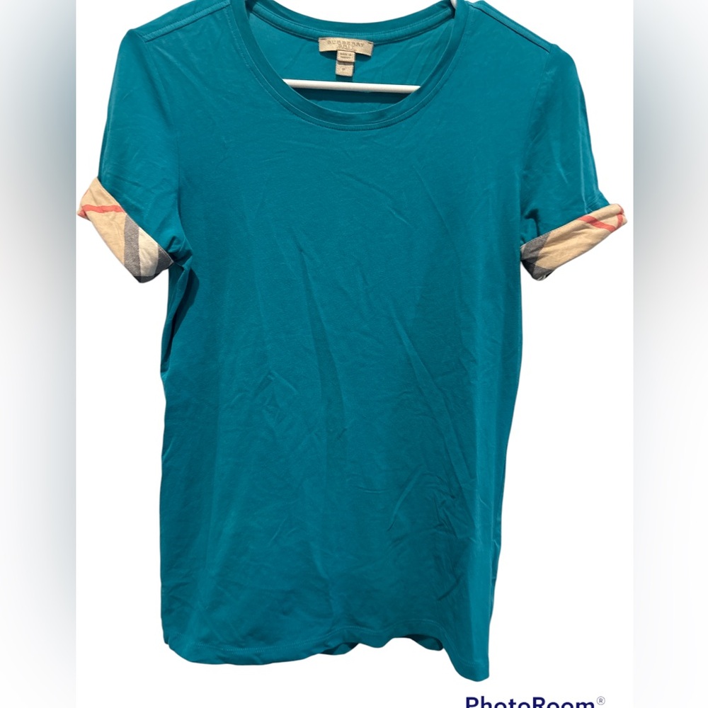Burberry Brit women's T shirt turquoise size small with checkered sleeves cuffs